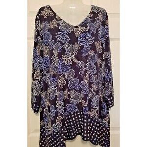 Susan Graver Women's Tunic Top Size 1X Multicolor Geometric Floral Design V-Neck
